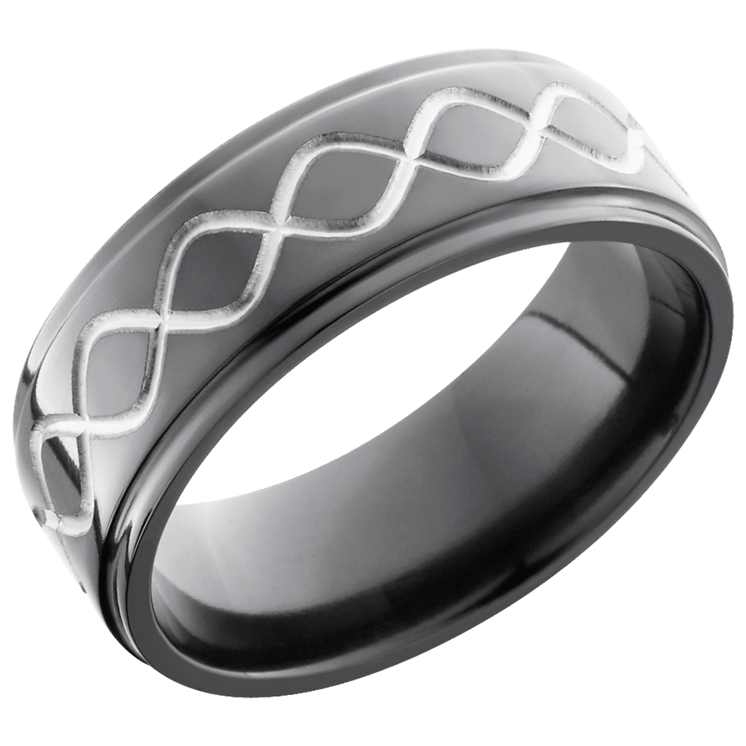 Zirconium 8mm flat band with a laser-carved tall infinity pattern