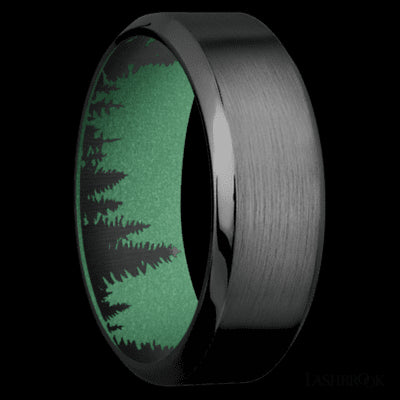 8 mm wide High Bevel Zirconium band featuring a Squatch sleeve.