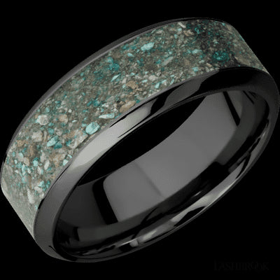 8 mm wide/High Bevel/Zirconium band with one 5 mm Centered inlay of Ocean Jasper.