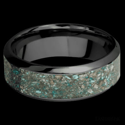 8 mm wide/High Bevel/Zirconium band with one 5 mm Centered inlay of Ocean Jasper.