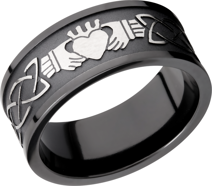 Zirconium 9mm flat band with a laser-carved claddagh celtic pattern