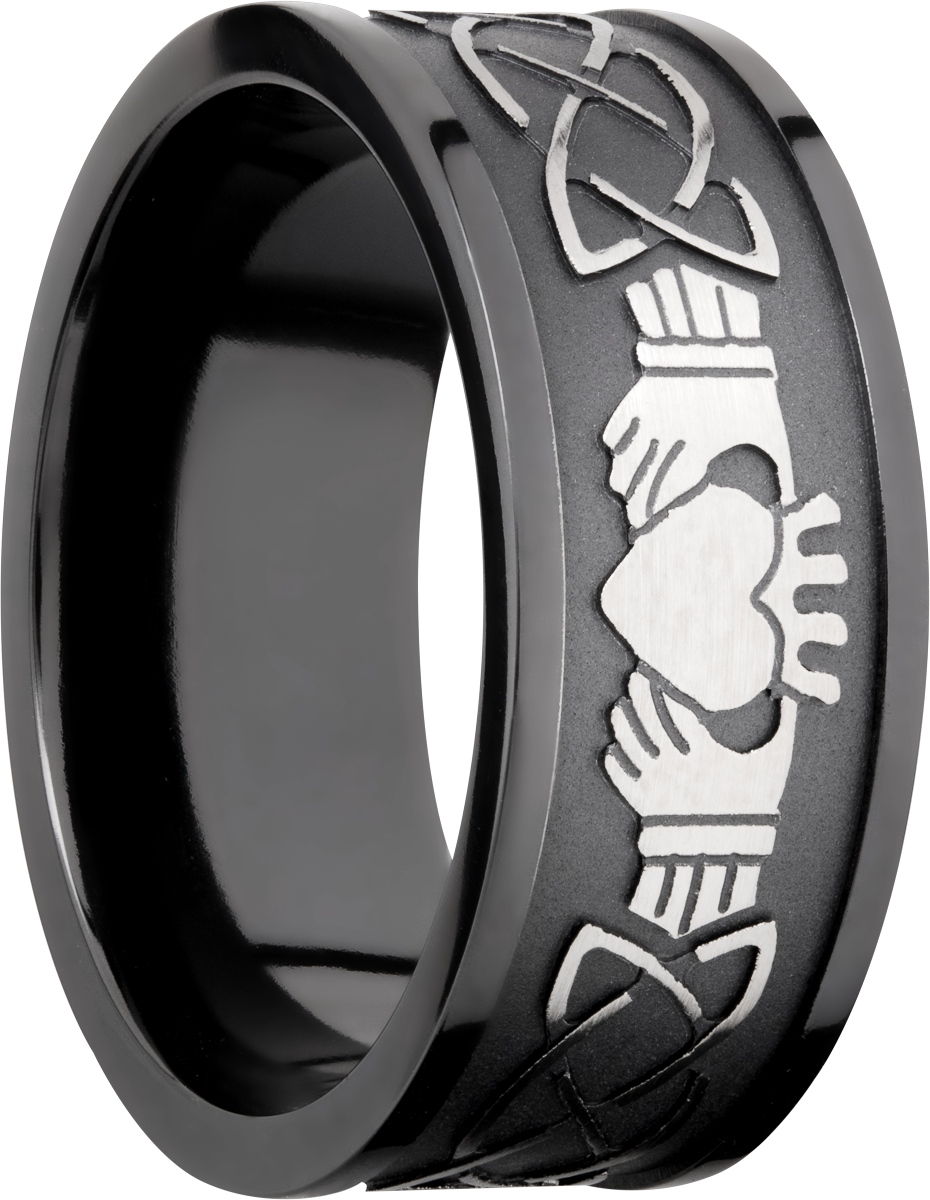 Zirconium 9mm flat band with a laser-carved claddagh celtic pattern