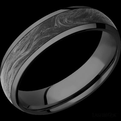 6 mm wide/Domed/Zirconium band with one 4 mm Centered inlay of Forged Carbon Fiber.