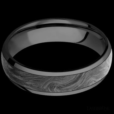 6 mm wide/Domed/Zirconium band with one 4 mm Centered inlay of Forged Carbon Fiber.