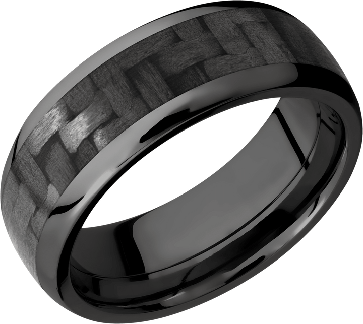 Zirconium 8mm domed band with a 5mm inlay of black Carbon Fiber