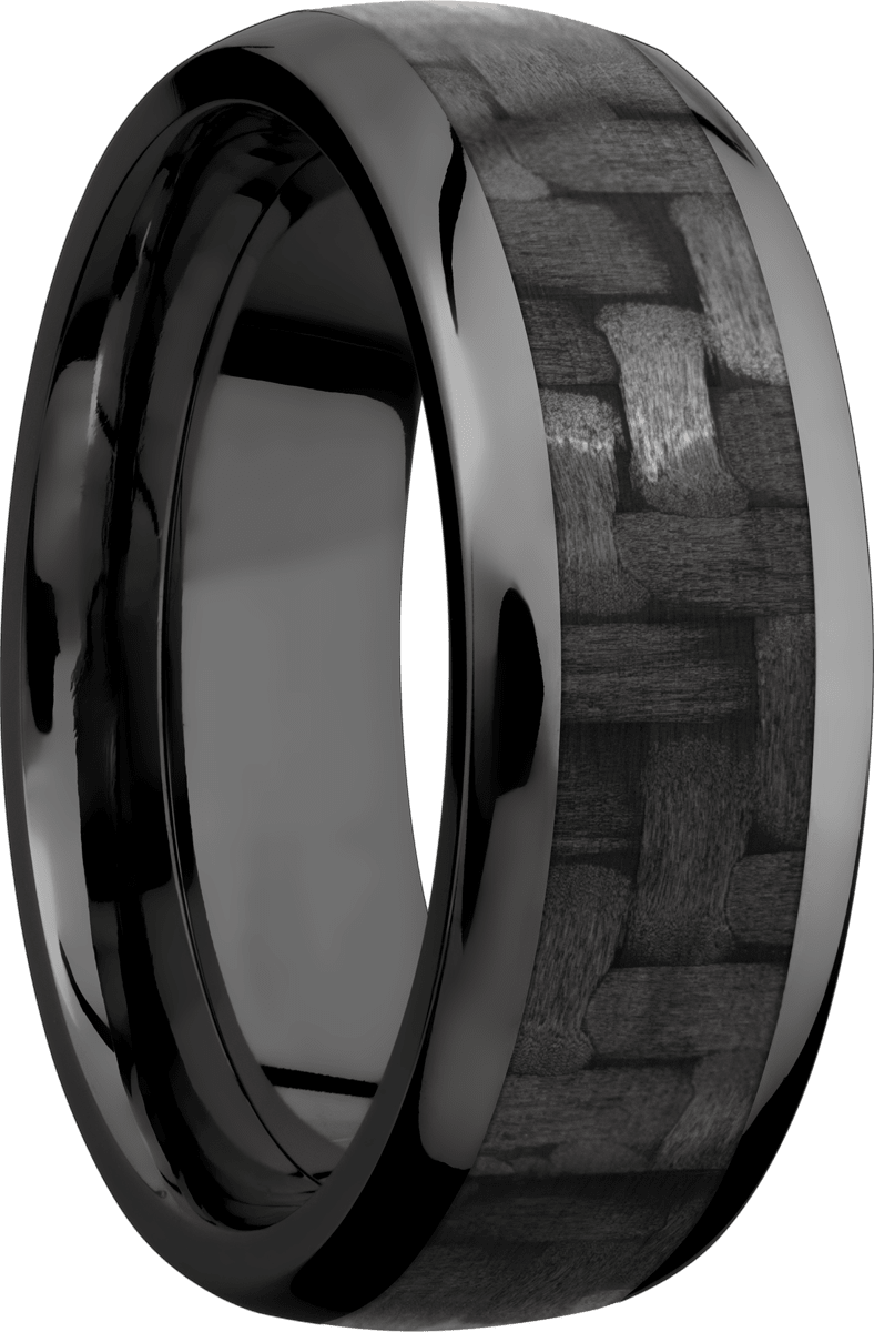 Zirconium 8mm domed band with a 5mm inlay of black Carbon Fiber