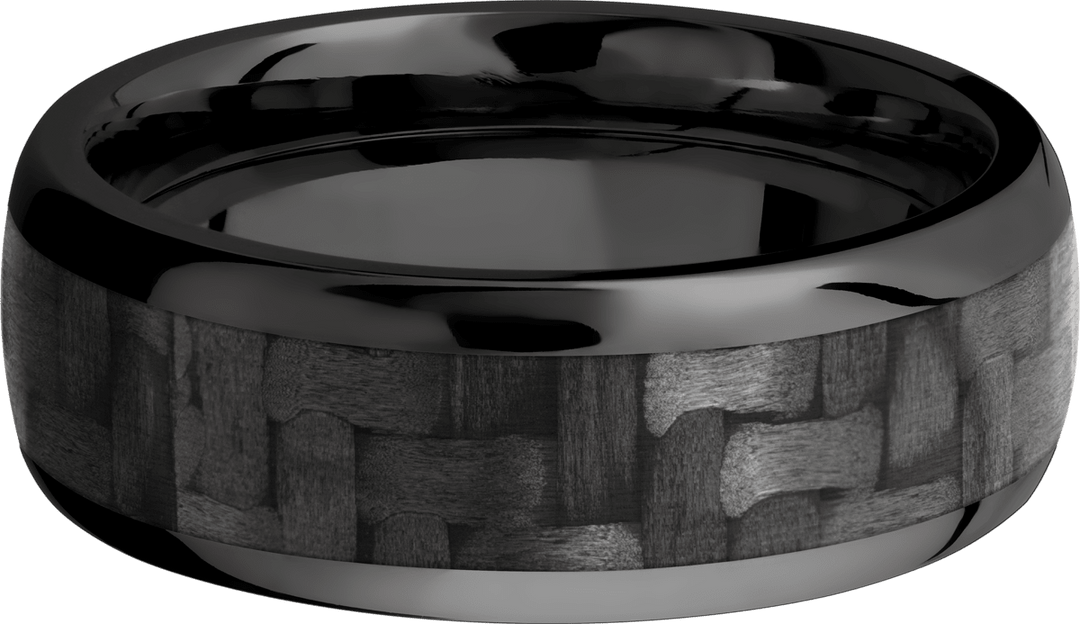 Zirconium 8mm domed band with a 5mm inlay of black Carbon Fiber