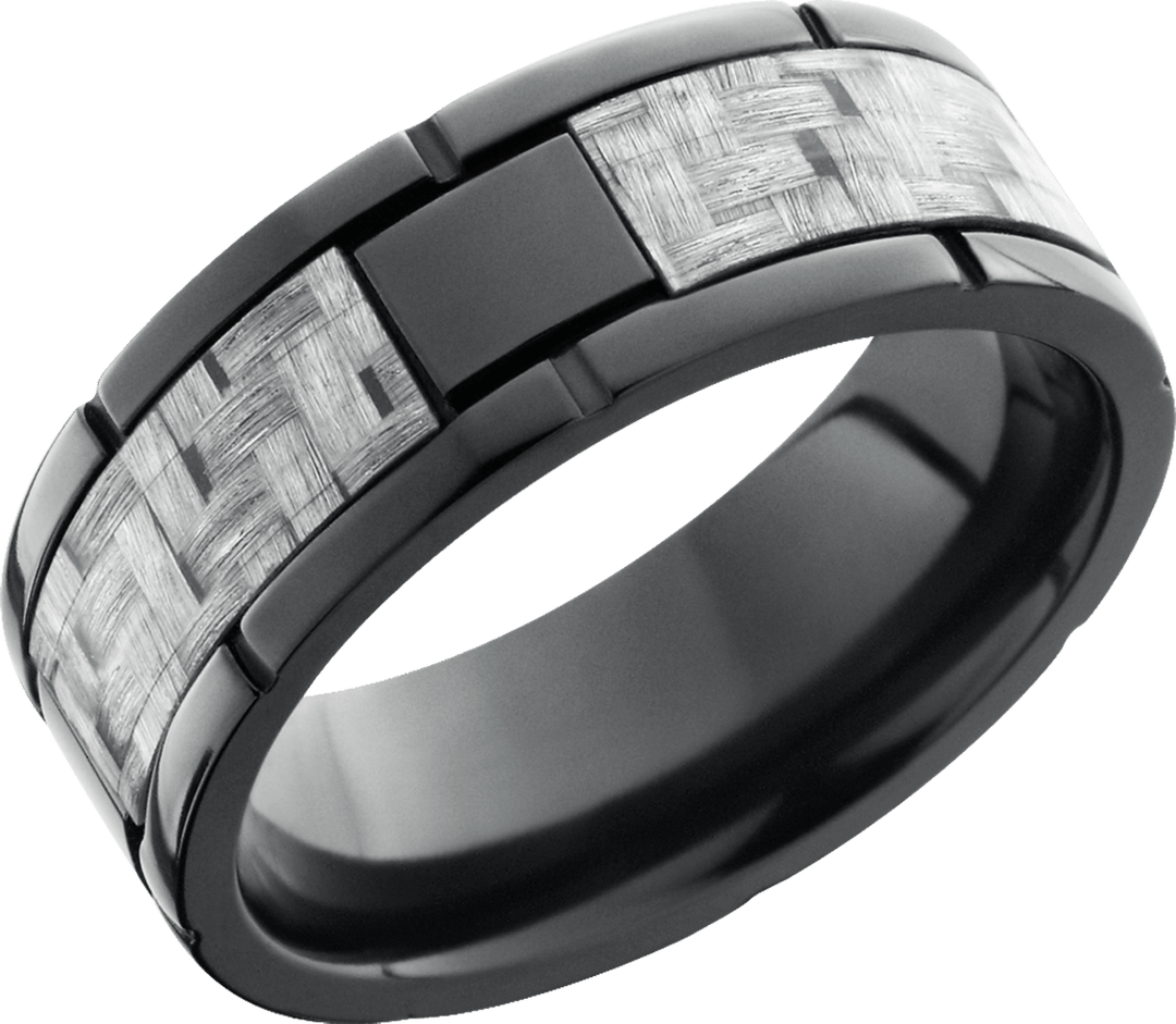 Zirconium 8mm flat band with segment details and a 4mm inlay of silver Carbon Fiber