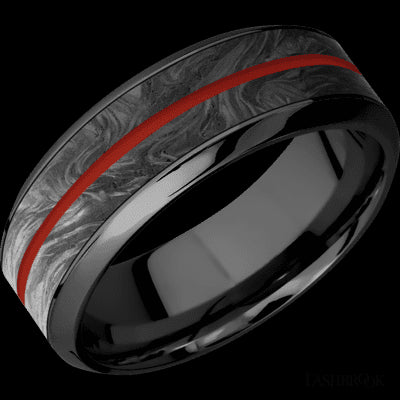 8 mm wide/High Bevel/Zirconium band featuring inlays of Forged Carbon Fiber and Red Apple.