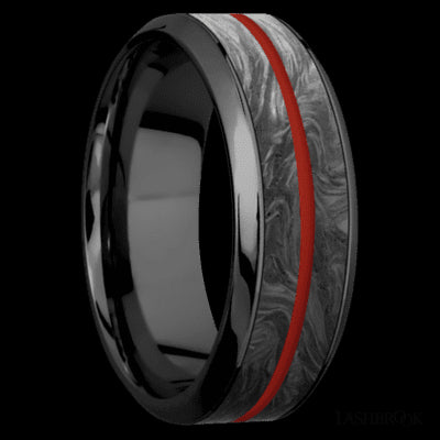 8 mm wide/High Bevel/Zirconium band featuring inlays of Forged Carbon Fiber and Red Apple.