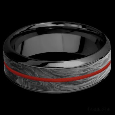 8 mm wide/High Bevel/Zirconium band featuring inlays of Forged Carbon Fiber and Red Apple.