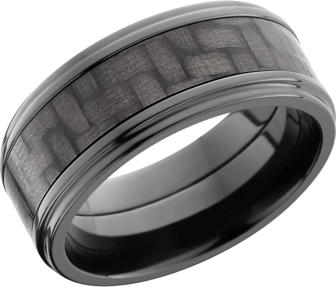 Zirconium 9mm flat band with grooved edge and a 5mm inlay of black Carbon Fiber