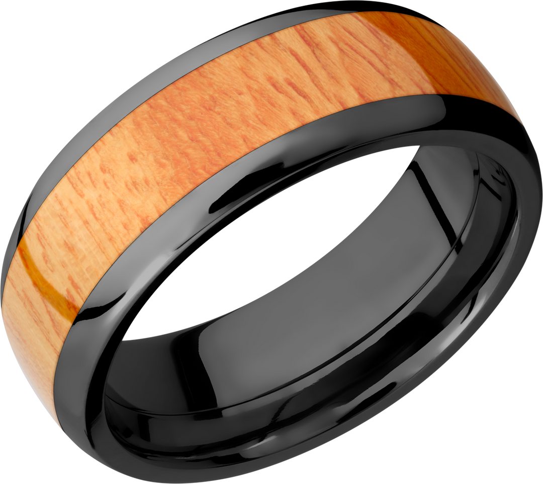 Zirconium 8mm domed band with an inlay of Osage Orange hardwood