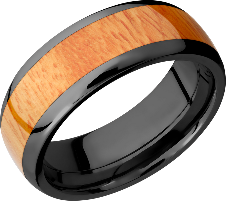 Zirconium 8mm domed band with an inlay of Osage Orange hardwood