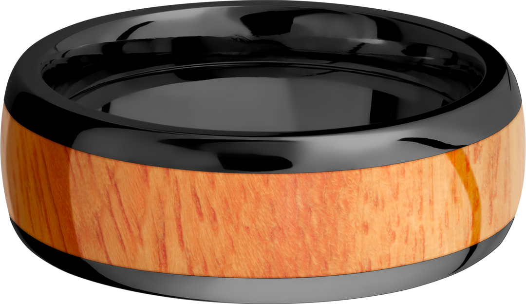 Zirconium 8mm domed band with an inlay of Osage Orange hardwood