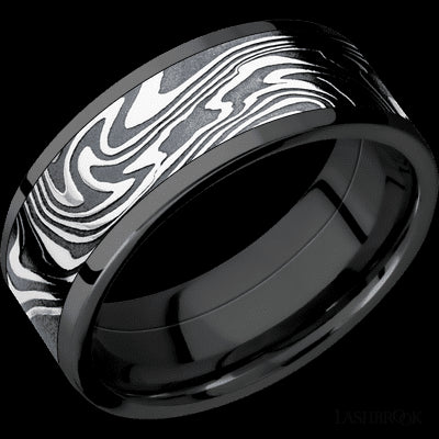 8 mm wide/Flat/Zirconium band with one 6 mm Centered inlay of Kinetic.