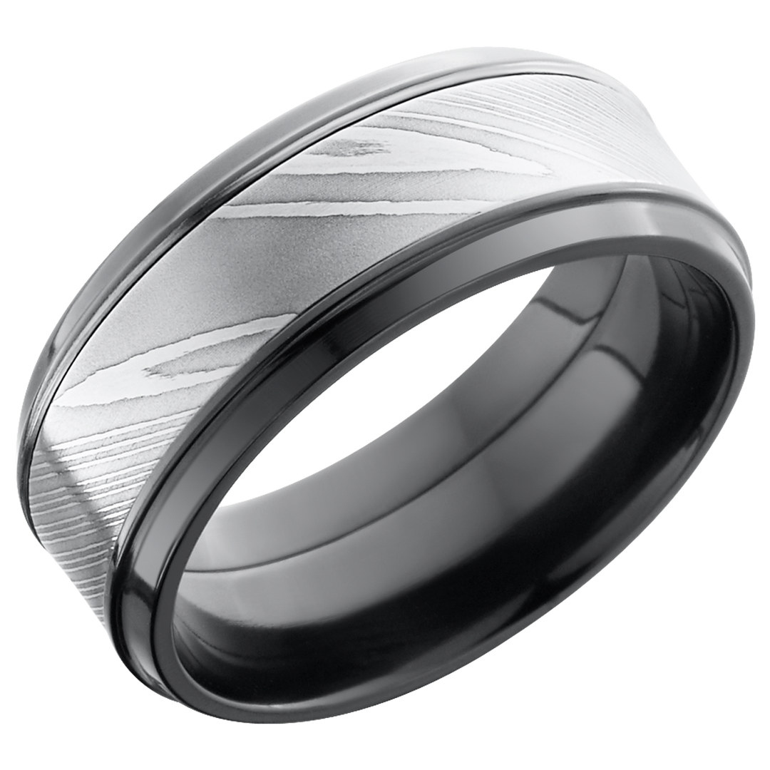 Zirconium 9mm beveled band with an inlay of handmade Damascus steel