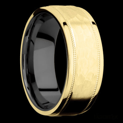 8 mm wide Flat Stepped Edges Milgrain 14K Yellow Gold band featuring a Zirconium sleeve.