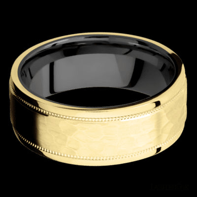 8 mm wide Flat Stepped Edges Milgrain 14K Yellow Gold band featuring a Zirconium sleeve.